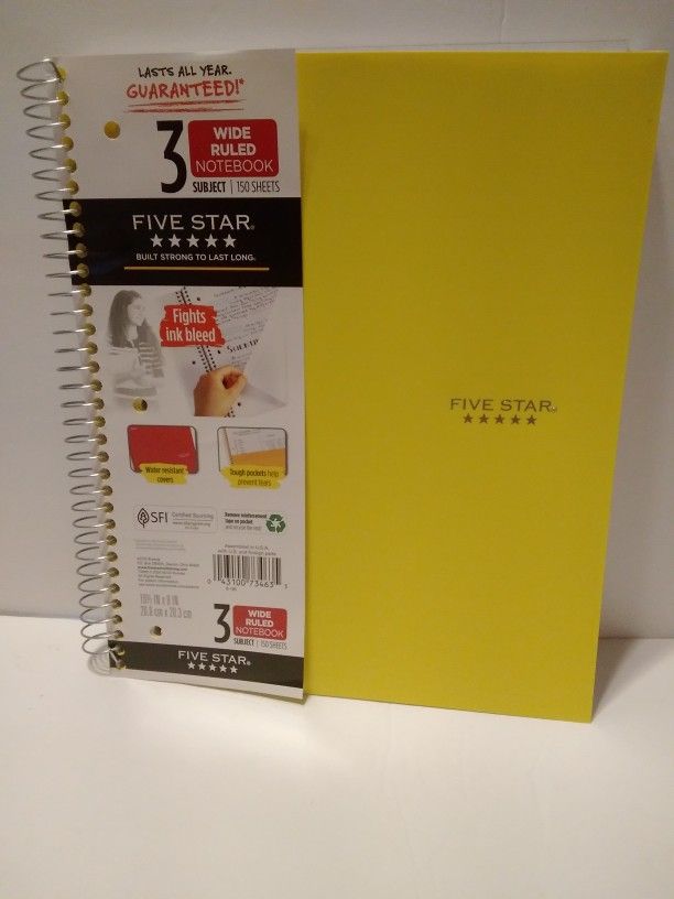 Five Star***** 3 Subject Wide Ruled Notebook 150 Sheets