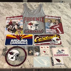 Vintage Arizona Cardinals Memorabilia Lot! Includes License Plates Key Chain Pin Large Muscle Shirt Sidelines Magazine Stickers Stained Glass Window. 