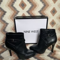 Nine West Black Leather Ankle Boots Heeled Buckle Strap Women’s Size 7.5