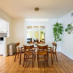 Mid-Century Modern 63" Walnut Wood & Frosted Glass Dining Table 