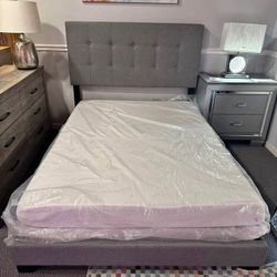 Brand New Grey Fabric Tufted King, Queen, Full, Twin Size Bed Frame - Mattress + Box Spring 