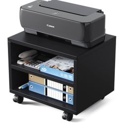 Printer Stand with Storage - Wood Under Desk Printer Table with Wheels 15.7x11.8x14 Inch, 2 Tier Small Black Rolling Printer Cart for Home, Office, Sc