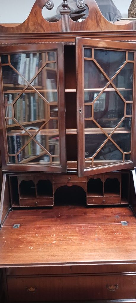 Antique Vintage Drop Front Secretary Desk And Bookshelves With Cubbies And Drawers Solid Wood