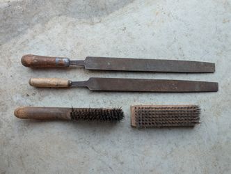 Vintage Large Flat Metalworking Files and Steel Wire-Bristle Brushes