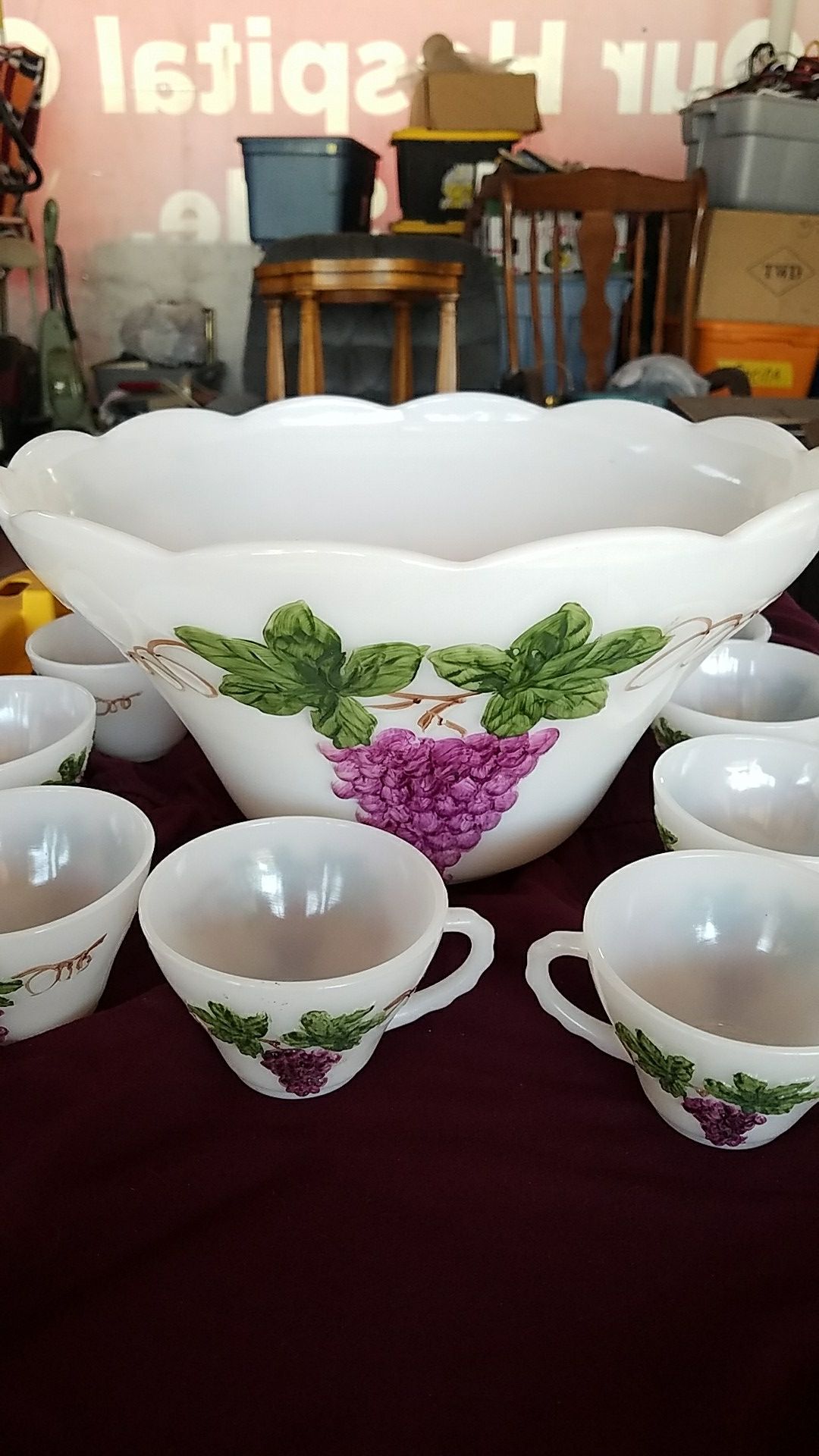 Vintage Milk glass punch bowl set with base and 11 punch glasses all with raised painted grape vine design includes: large 12.5 inch diameter punch bo