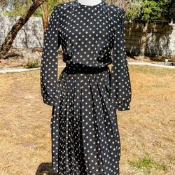 Maxi L/S Charles Bianco Italian Collection Polka Dot A-Line Sz6 Petite Dress EUC