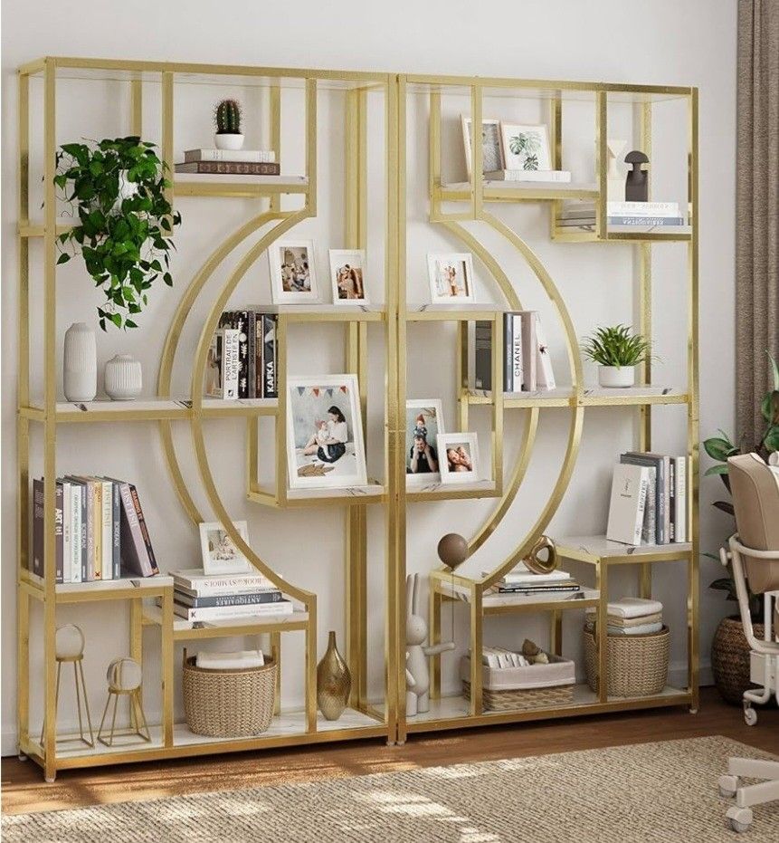 Modern Book Shelf, White and Gold Bookshelf, 70.8 Inch Tall Etagere Bookcase, Set of 2 Geometric Display Shelves for Living Room, Bookcases/Bookshelf