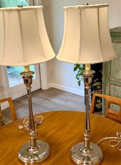 Pair RALPH LAUREN Chrome Candlestick Table Lamps 33"T w/ Shades