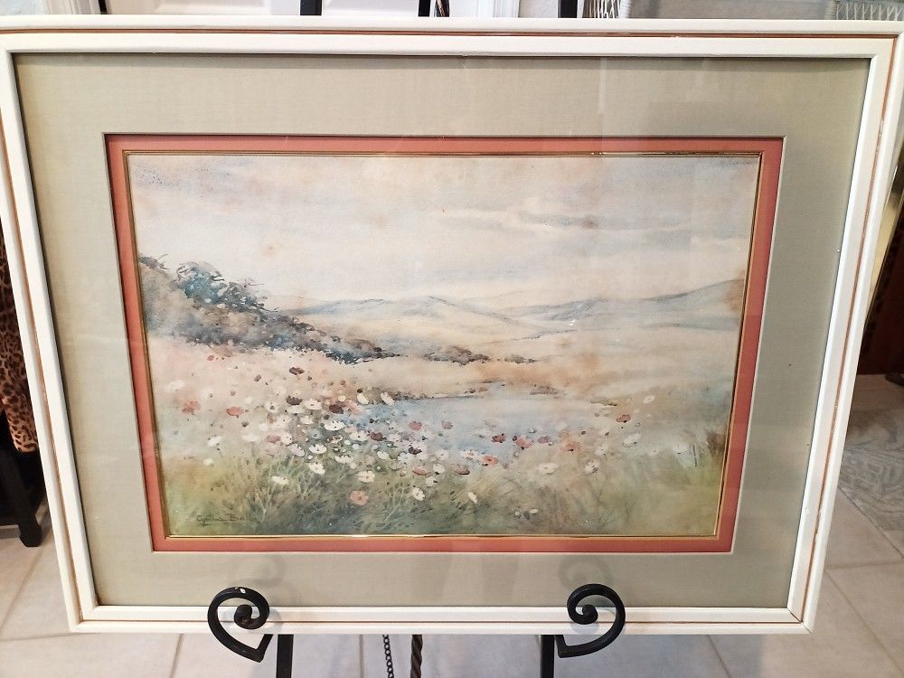 Vintage BALL, CYNTHIA LINDSAY Double Matted Water Color Landscape Painting "Landscape With Cosmos In The Foreground". 29.5" x 22.5"