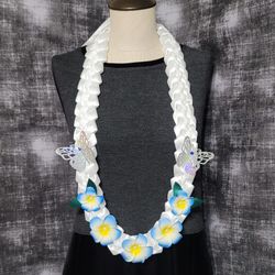 Graduation 2026 White & Blue Ribbon Lei With Plumeria Flowers & Butterflies