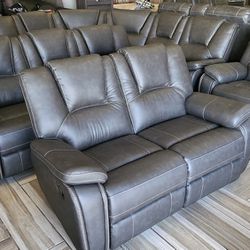 2PC GREY Breathable Air Leather Manual Recliners Sofa Loveseat Recliner Set