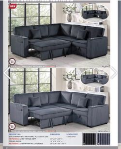 $550. Sectional Pull Out Bed With Storage USB Cup Holder Available,I Ivory,Dark Gray,Corduroy