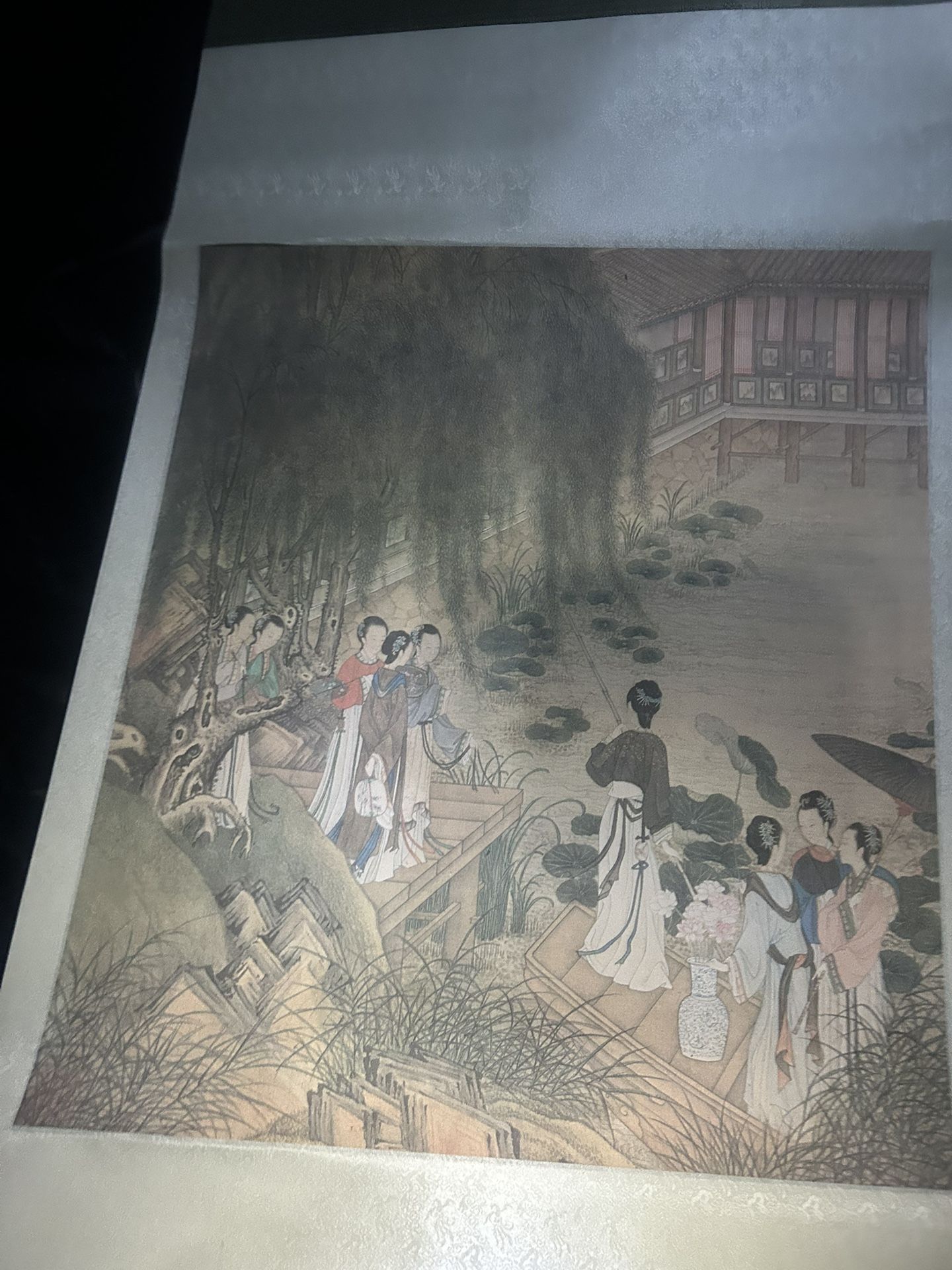 Vintage Chinese Scroll Painting – Elegant Court Scene with Women in Garden Pavilion
