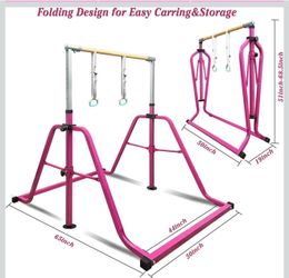 Glant Gymnastics Bar for Kids with Rings Set, 7 Heights Adjustable Easy Folding Gymnastic Training Bar Kids Monkey Horizontal Bars - Max Load 300LBS