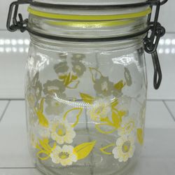 Vintage Daisy Air-Tight Jar Yellow/White Daisies White Lid Storage Canister Rare