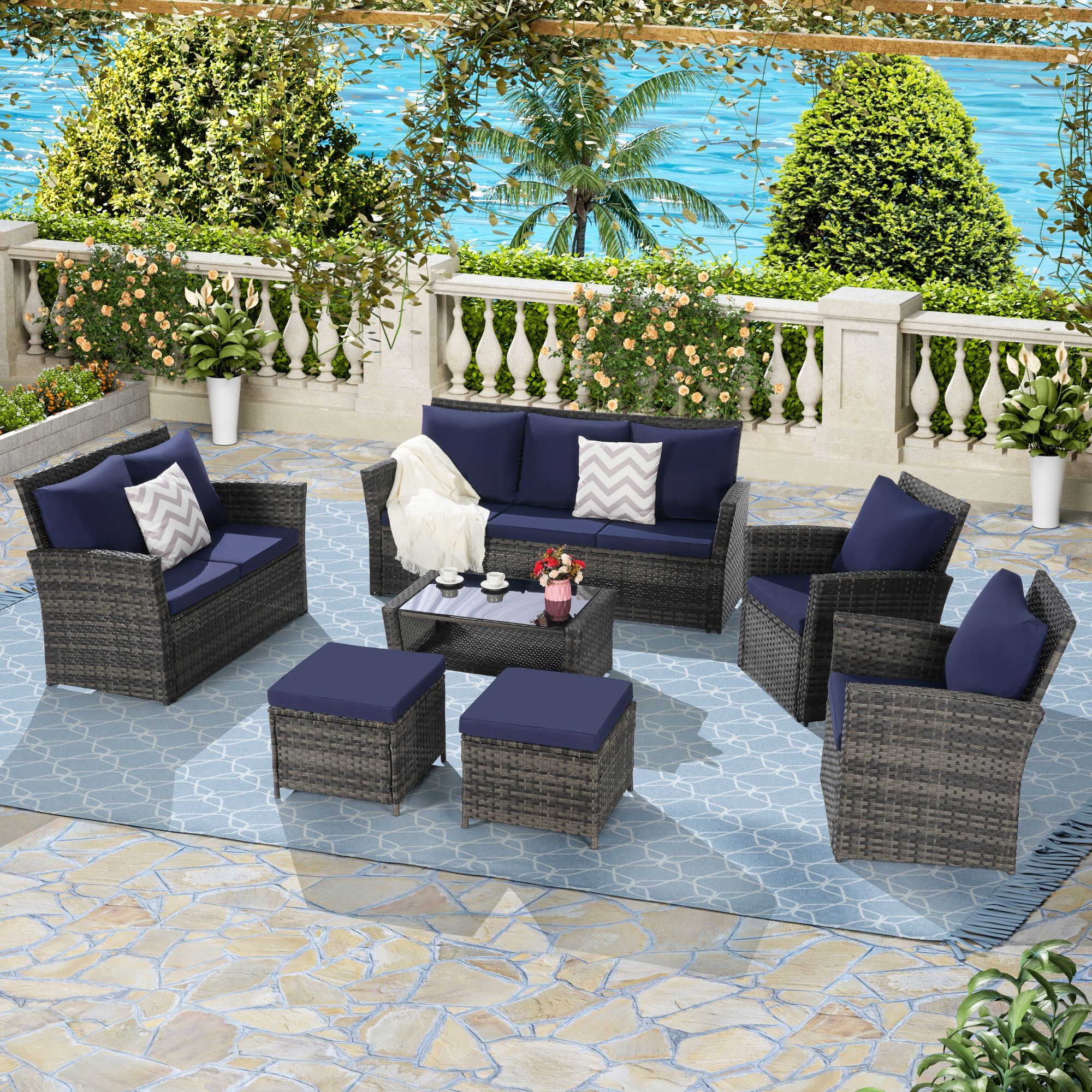 7 PCS PE/RATTAN OUTDOOR FURNITURE SET PATIO FURNITURE SET 9 SEATER