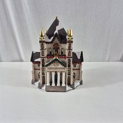 Lighted Christmas Village Cathedral Church Snowy Holiday Building Gold Steeples 10”