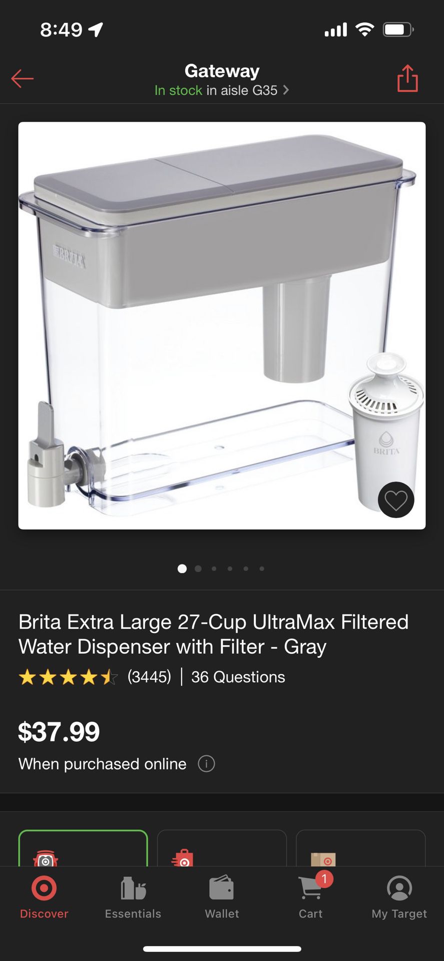 Brita Extra Large 27-Cup UltraMax Filtered Water Dispenser with Filter -  Gray