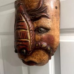 Handmade Wooden Mexican Mask - 10" x 8" - 10 Ounces