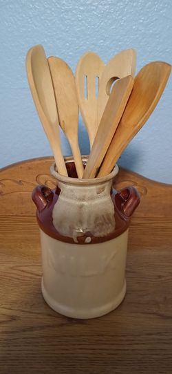 BRAND NEW STONEWARE MILK CROCK WITH UTENSILS