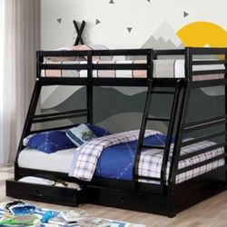 Brand New Black Twin Over Full Bunk Bed w Trundle Drawers 