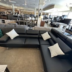 Black Leather Sectional  With Throw Pillows 