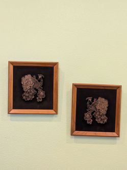 2 Vintage Framed Peacock Copper Printing Blocks art decor