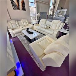 3 Pieces white finish power recliner sofa set