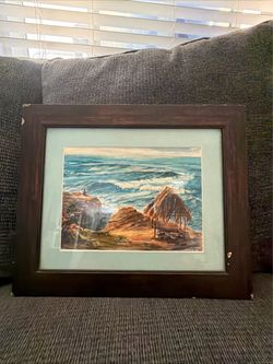 Vintage Coastal Seascape Oil Painting With Beach Hut And Figure By J. Orr Framed