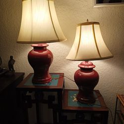 Vintage 1960s Chinoiserie Oxblood Red Sang De Boeuf Porcelain Ginger Jar Table Lamps 