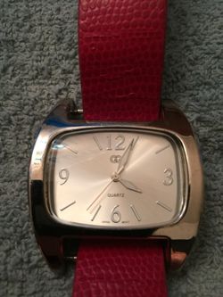 Silver tone watch with new red leather band
