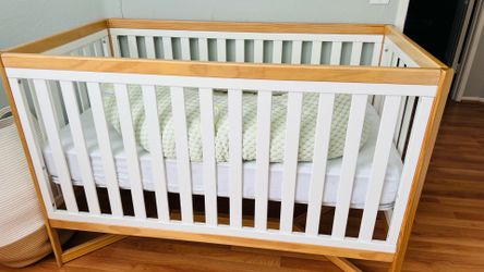 Modern Baby Crib with Mattress – White & Natural Wood Finish
