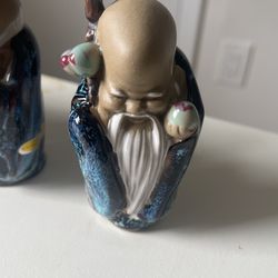 Four Vintage Shiwan Chinese Mudman Statue Figurine Sitting Old Man Eating 5.5”x5