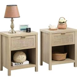 ND002A2XLT new in box Rattan Nightstands Set of 2, Farmhouse Night Stands with Drawer Bedside Table - Boho End Table Side Table Accent Table for Bedro