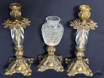 Vintage Pair of candle holders + footed bowl