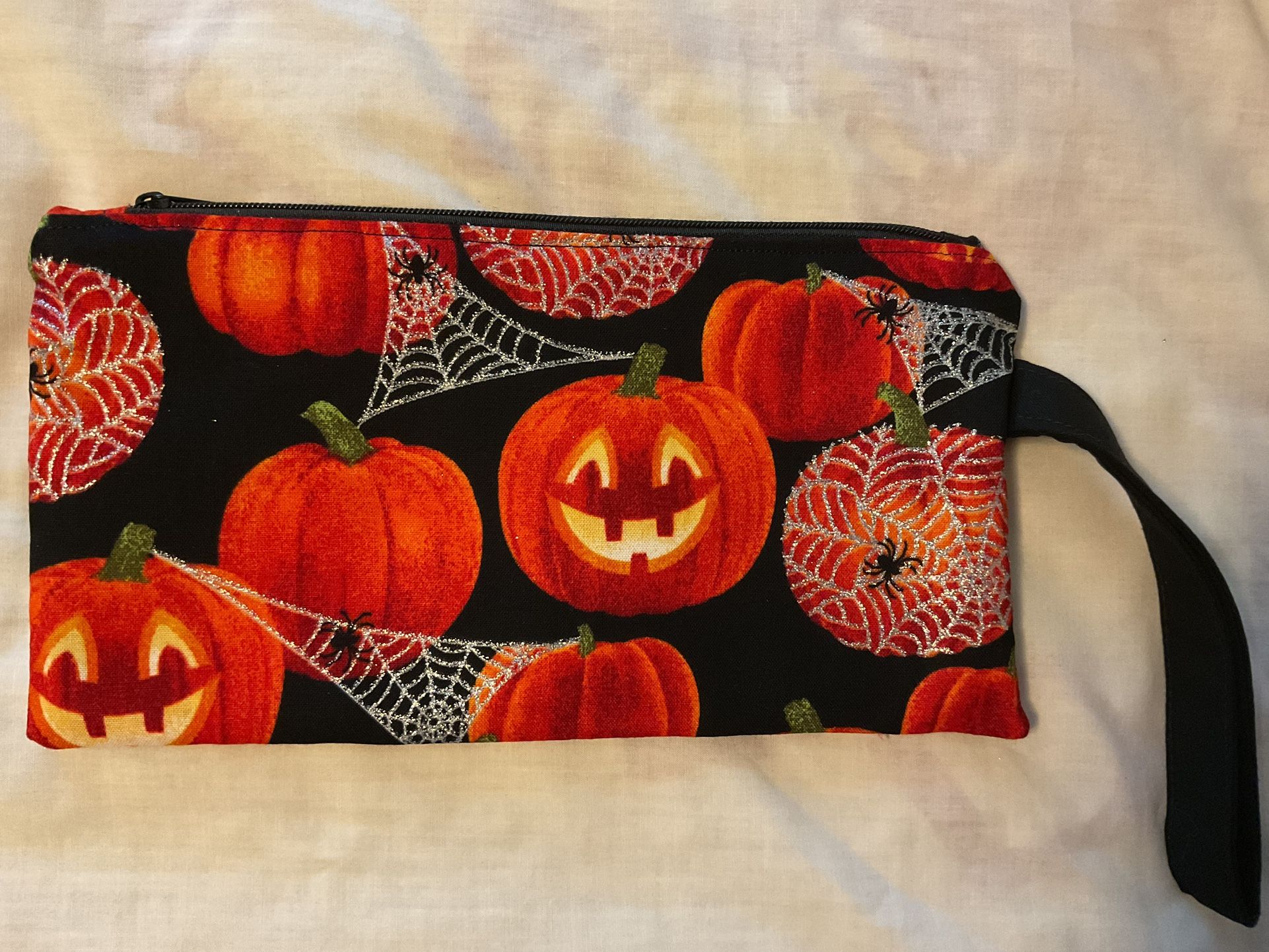 HALLOWEEN Pumpkin CLUTCH Wristlet Purse zipper, 2 pockets, MACHINE WASHABLE w/ METALLIC ACCENTS