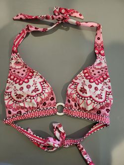 🌸 Women’s Large Pink Floral Paisley Halter Bikini Top – Retro Boho Ring Detail