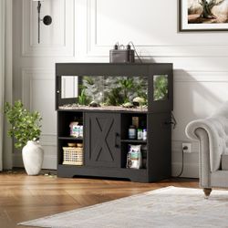 60 Gallon Reptile Tank with Stand, Terrarium Tank with Storage Cabinet, for Lizards, Skinks, Snakes, Sliding Acrylic Doors, Mesh Top, Built-in Power O