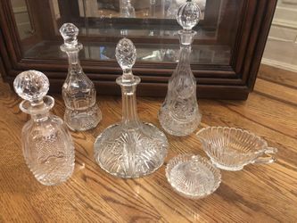 Crystal Wine decanters and crystal sugar and creamer holders