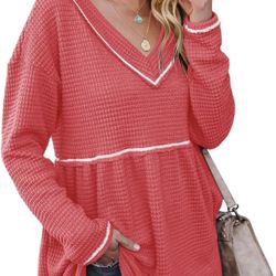 BRAND NEW IN PACKAGE Foshow Womens V Neck Waffle Tunic XL Top Long Sleeve Peplum Pullover Babydoll Flowy Swing Tshirt