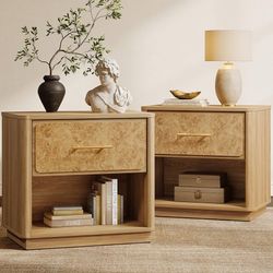 SICOTAS Nightstands Set of 2, 24.8" Wide, Burl Wooden Deep Drawer, Rounded Corners, Modern, Sturdy Bedside Table,