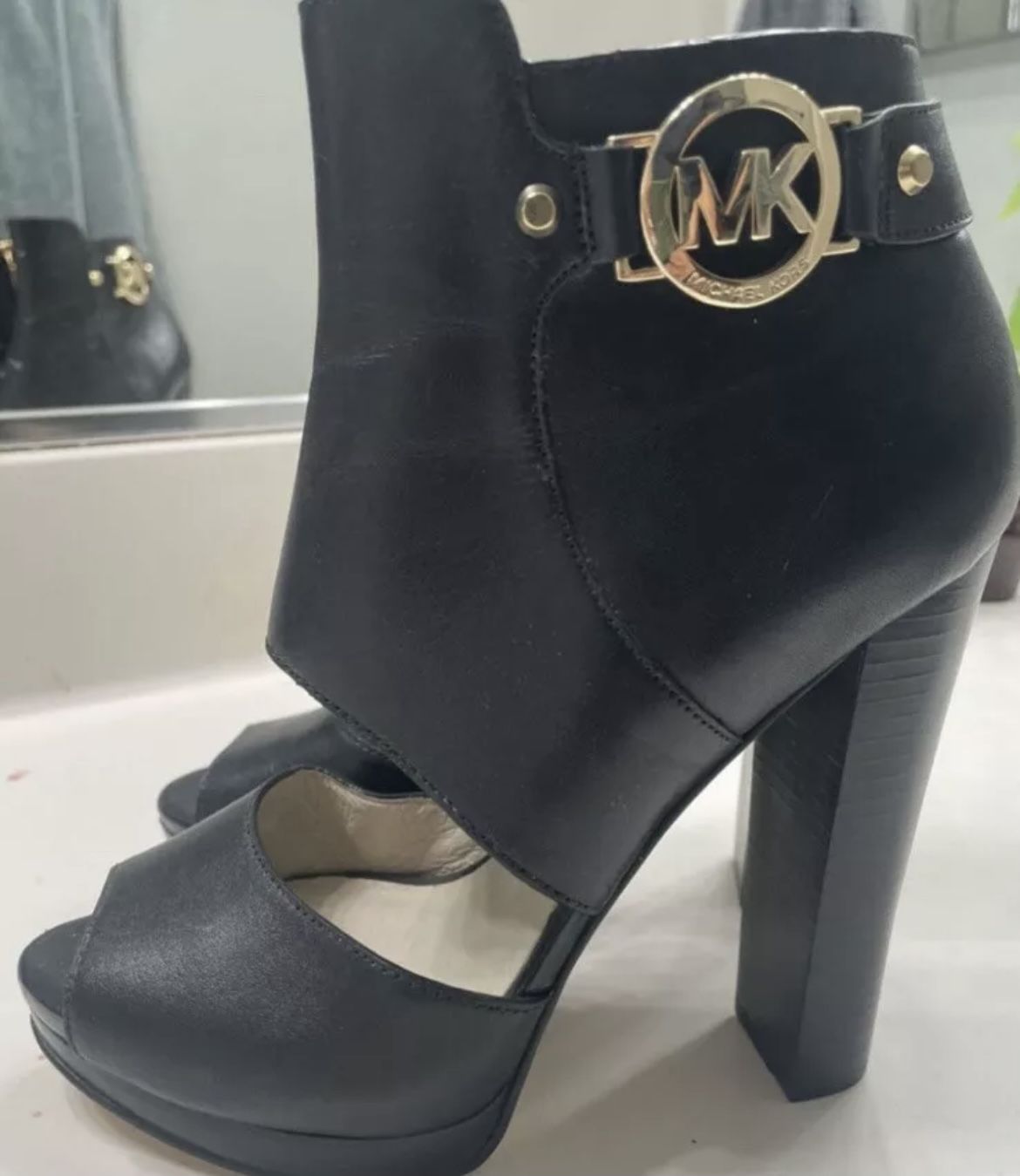 Pre Owned Michael Kors Black Block Bootie High Heel Open Toe Size 6.5