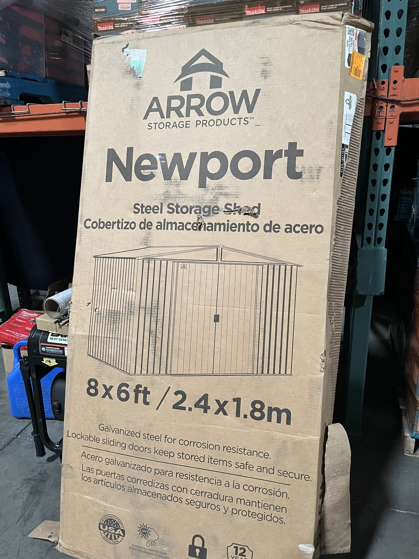 Newport 8 ft. W x 6 ft. D 2-Tone Eggshell and Coffee Galvanized Metal Shed with Sliding Lockable Doors (43 sq. ft.)