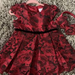 Red Flower Baby Girl Christmas Holiday Floral Dress 1 Year 12-18 Month With Bow