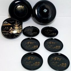 OMC Japan Otagirit Lacquerware Soy Sauce Plate Set & Case Landscape Drawing 