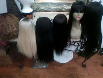4 Black Human  Wigs And 1 Curly Blonde Synthetic Wig And 1 Human Straight Blonde Wig