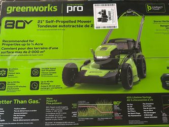 Greenworks 80V PRO 21” self propelled Lawn Mower with 2x 4Ah batteries and charger