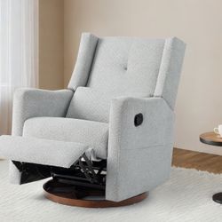 Upholstered Recliner Swivel Glider Nursery Chair Reclining Performance Fabric Rocker with Wood Base,Boucle,Grey