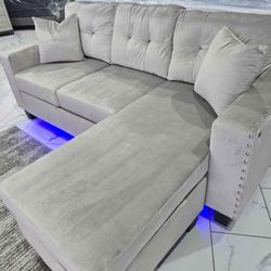 (NEW IN BOX)- Grey Velvet Reversible Chaise LED Lights Underneath and USB Port