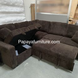 New! Plush Chocolate Sectional Sofa Bed With Storage, Brown Sectional, Sofa, Couch, Corduroy Sectional Couch With Pull-out Bed, Sofabed, Sleeper Sofa